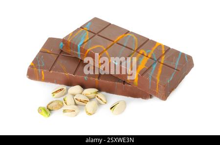 Dubai chocolate bars and pistachios isolated on white Stock Photo