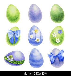 Set of colorful easter eggs, decorated with stripes, flowers and ribbons. Hand drawn watercolor isolated on white background. Perfect for easter kids Stock Photo