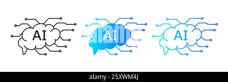 Brain shaped AI logo with circuits for innovation and tech designs. Stock Vector