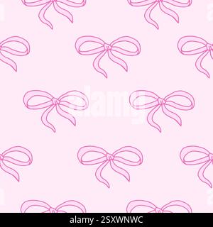Cute Coquette seamless pattern Pink Ribbon Bow. Pretty Girly bows. Trendy feminine romantic art for greeting cards, textile, fabric, wallpaper, wrapping. Vector Illustration. Stock Vector