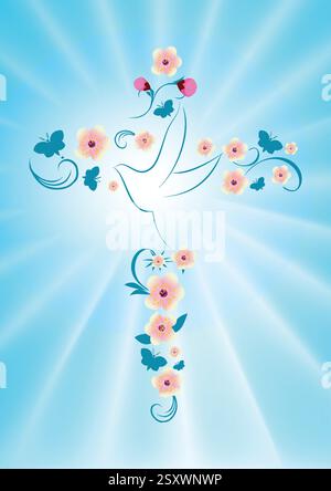 Christian cross with flowers and abstract dove. Christian symbol. Blue background with bright rays. Easter. Symbol of purity. Christian faith. Baptism Stock Vector