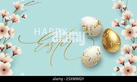 Easter Holiday Greeting Card with Gold Speckled Eggs, Pink Cherry Blossoms, and Elegant Typography Stock Vector