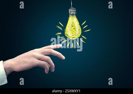 businessman pressing button with idea on virtual screens Stock Photo