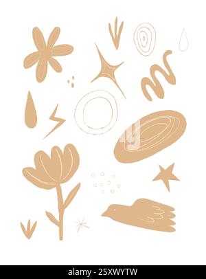 Minimalist abstract vector clipart with hand-drawn organic shapes, flowers, stars, and a bird in beige tones. Ideal for branding, prints, stickers Stock Vector