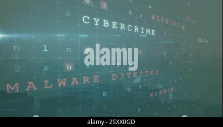 Image of cyber warning text and data processing over cityscape Stock Photo