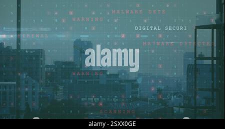 Image of cyber warning text and data processing over cityscape Stock Photo