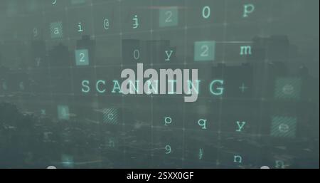 Image of scanning text and data processing over cityscape Stock Photo