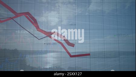 Image of financial data processing over red lines and landscape Stock Photo
