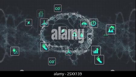 Image of eco icons and data processing over human brain and dna strand Stock Photo