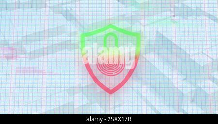 Image of biometric padlock and digital data processing over 3d blocks Stock Photo