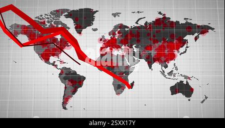 Image of red lines and digital data processing over world map Stock Photo