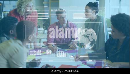 Image of data processing over diverse business people at meeting Stock Photo