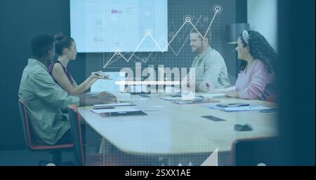 Image of data processing over diverse business people at meeting Stock Photo