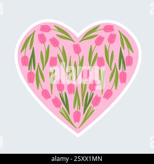 Heart sticker made of pink tulips, isolated on white background. Vector illustration Stock Vector