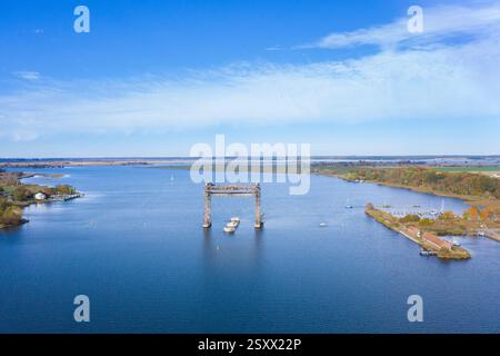 Center section of Karnin Lift Bridge seen from the air, destroyed 1945. Usedom, Mecklenburg-Western Pomerania, Germany Stock Photo