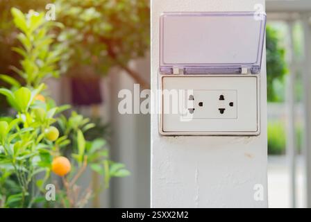 White plug on white wall with a garden in the background, plug socket, electric, plug outlet, plug background Stock Photo