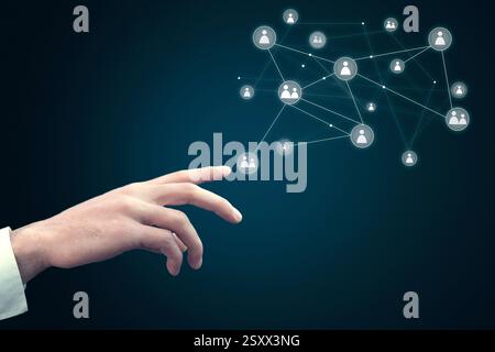 Businessman finger touching  virtual social media buttons Stock Photo