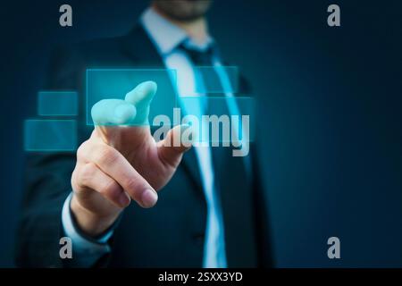 businessman hand pushing button on a touch screen interface Stock Photo