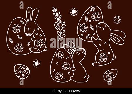 Outline Easter Bunnies With Paschal Eggs Doodles. Spring Holiday Collection. Isolated Vector Line Hand-drawn illustrations for festive decor and desig Stock Vector