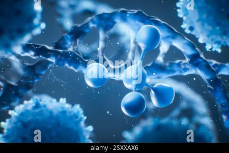 Molecule with biological DNA background, 3d rendering. 3D illustration. Stock Photo