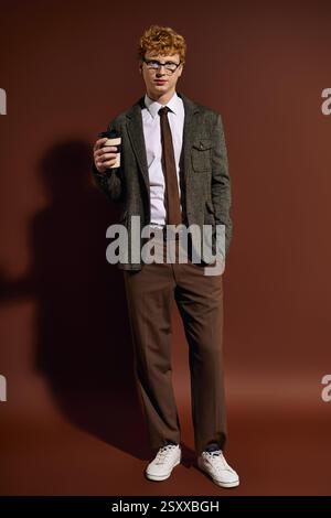 A stylish young man sips coffee against a cozy backdrop. Stock Photo