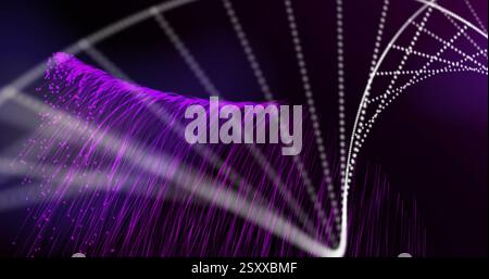 Image of purple spots falling and dna strand on black background Stock Photo