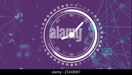 Image of clock over network of connections with icons on purple background Stock Photo
