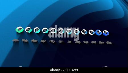 Image of data processing with months over blue shapes on black background Stock Photo