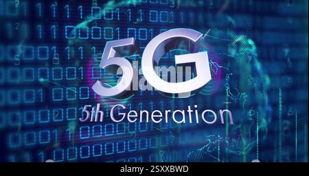 Image of 5g 5th generation text and binary coding digital data processing Stock Photo