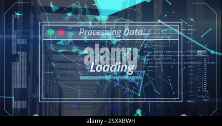 Image of data processing and loading bar with shapes over server room Stock Photo