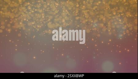 Image of glowing orange particles falling over blue bokeh lights spots on dark background Stock Photo