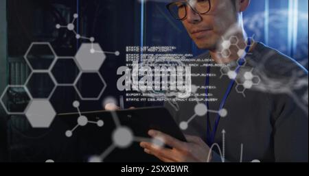 Image of elements, brains and data processing over asian male technician working in server room Stock Photo