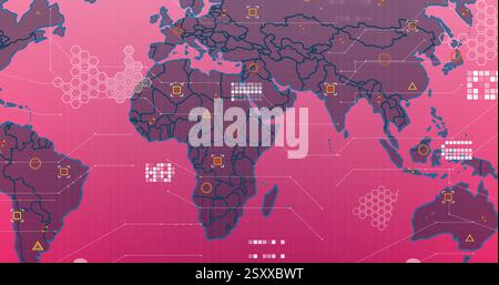Image of processing data over pink and brown world map Stock Photo