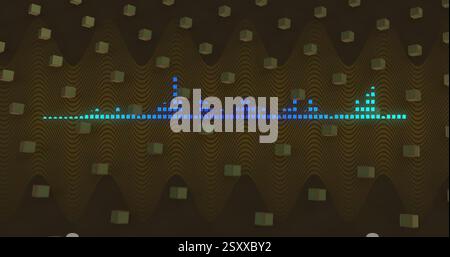 Image of glowing blue pixel audio level meter over rotating cubes on dark background Stock Photo