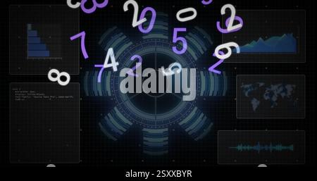 Image of diagrams and data processing over scope scanning and numbers floating Stock Photo