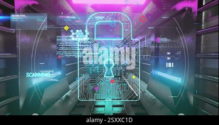 Image of digital data processing over padlock icon Stock Photo