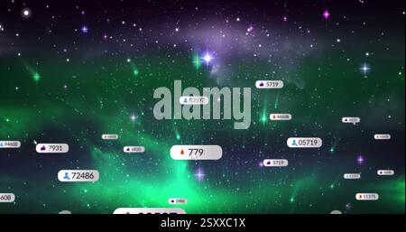 Image of digital icons and data processing over stars on night sky Stock Photo