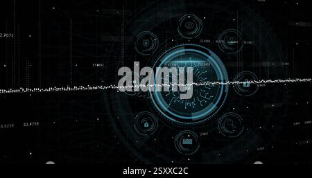 Image of digital data processing over scope scanning with icons and padlock Stock Photo