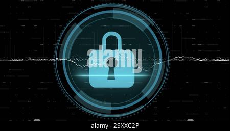 Image of data processing over syber security text and scope scanning on black background Stock Photo