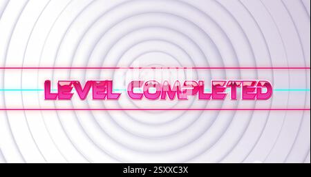 Image of level completed text over white shapes moving Stock Photo