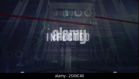 Image of virus text, digital data processing and circuit board over computer servers Stock Photo