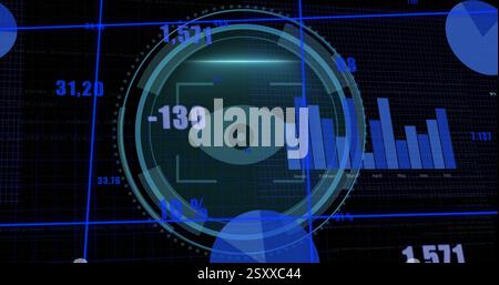 Image of data processing over syber security text and scope scanning on black background Stock Photo
