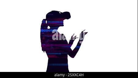 Image of silhouette of woman using vr headset over red and blue trails on white background Stock Photo