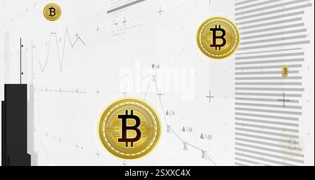 Image of bitcoins over diagrams and data processing Stock Photo