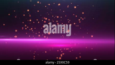 Image of glowing light spots moving over pink light trail on black background Stock Photo