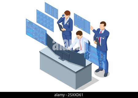 Isometric vector of traders interacting with a large digital financial interface on a computer, making buy and sell decisions. Stock trading Stock Vector