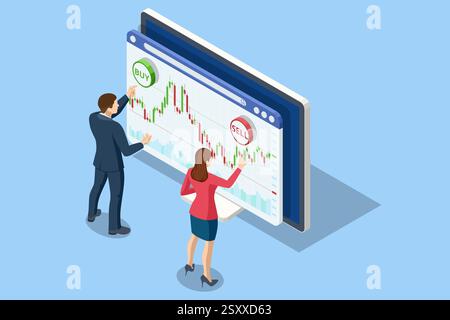 Isometric vector of traders interacting with a large digital financial interface on a computer, making buy and sell decisions. Stock trading Stock Vector