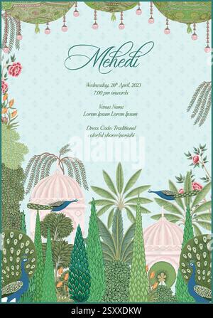 Indian Mughal mehendi invitation card design for printing. Can be used in invitations, box design, tag design, envelope design, and more. Stock Vector
