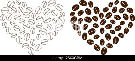 Fill and Outline coffee beans shape hearts International Coffee Day Abstract background Texture idea. Isolated Vector illustration Thematic cards or web promo banner, leaflet, poster, price tag, label Stock Vector