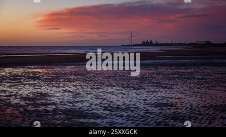 Blue Hour and Sunrise over Cambois Beach Northumberland Stock Photo